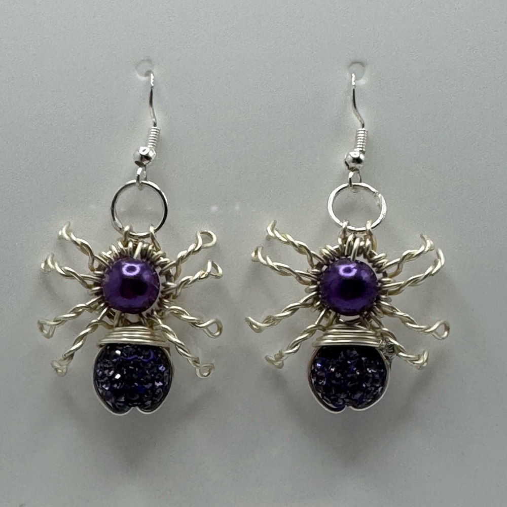 Handmade Purple Spider Wire Beaded Drop Earrings